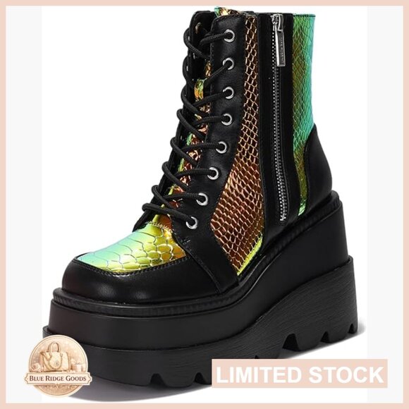 Holographic Platform Ankle Boots Chunky Heel Pointed Toe Retro Futuristic Style